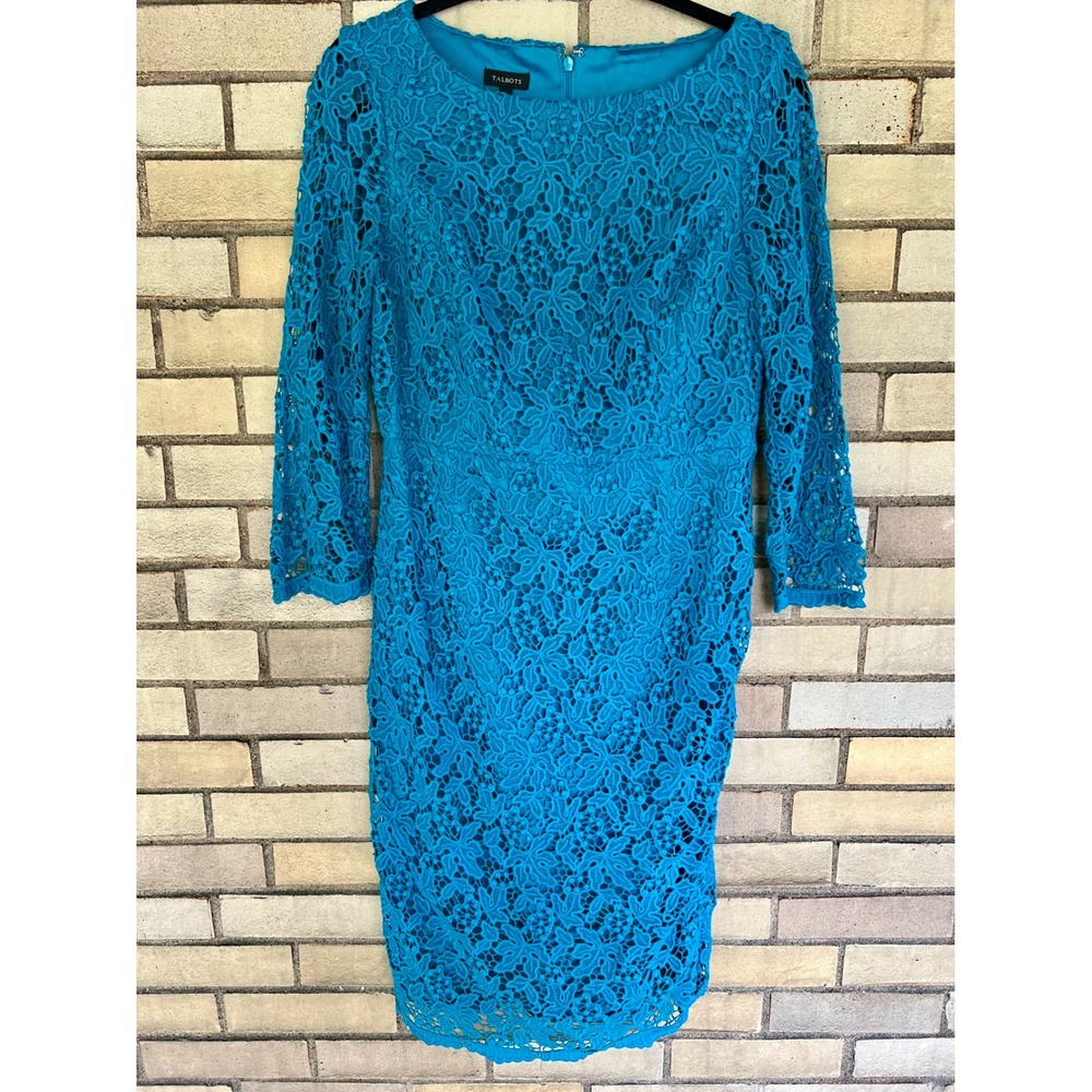 Talbots Turquoise Blue Floral Cotton Lace Sheath Dress 3/4 Sleeve Size Small 4